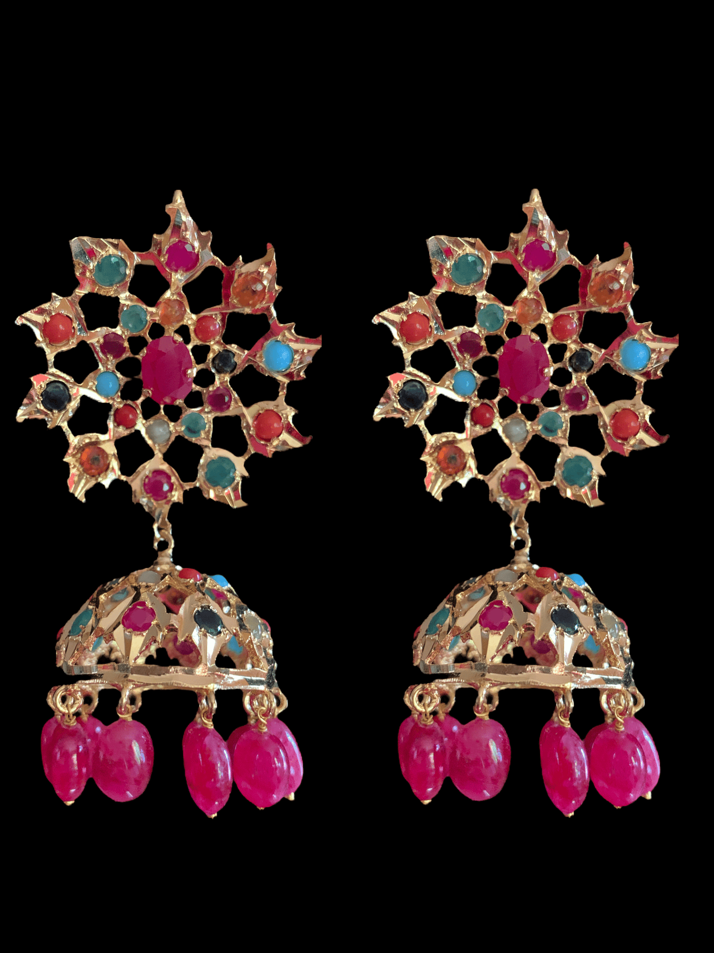 PS510 Navratan Tirmani Necklace with Oversized Jhumka Earrings – Gold-Plated Jewelry with Freshwater Pearls and Real Ruby Beads  ( READY TO SHIP )