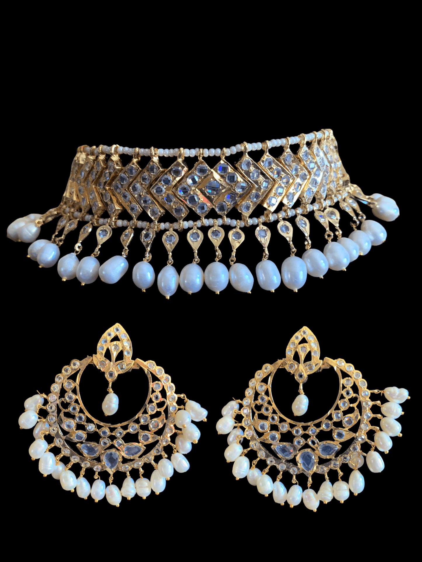 C86 MAHIRA v set in fresh water pearls  ( SHIPS IN 4 WEEKS )