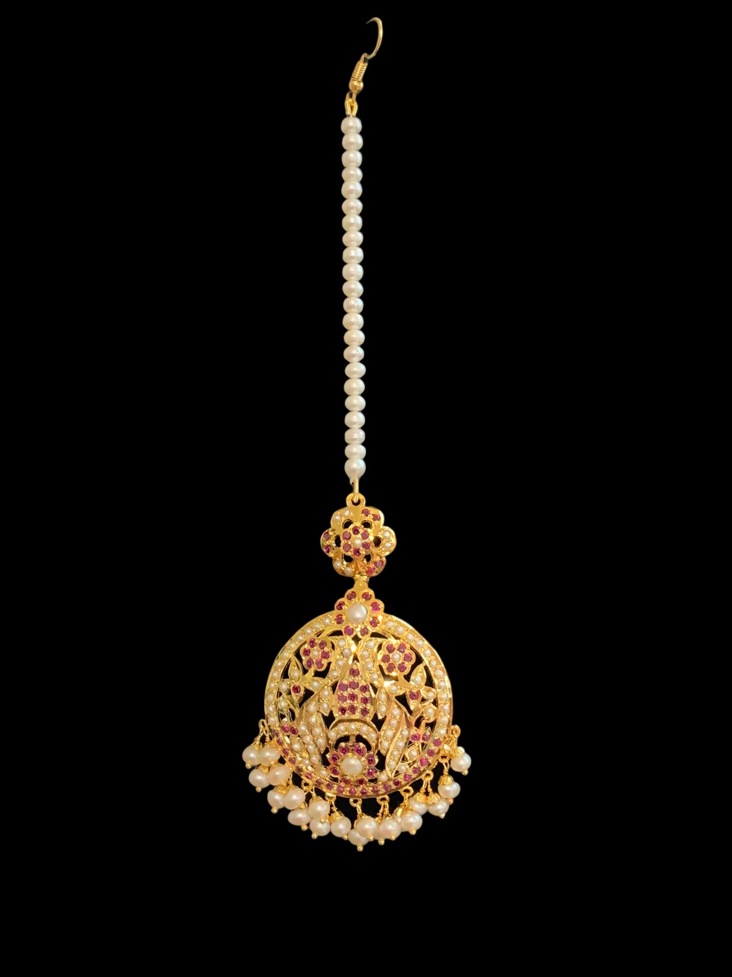 Gold plated silver jadau tikka in pearls and rubies ( SHIPS IN 5 WEEKS )