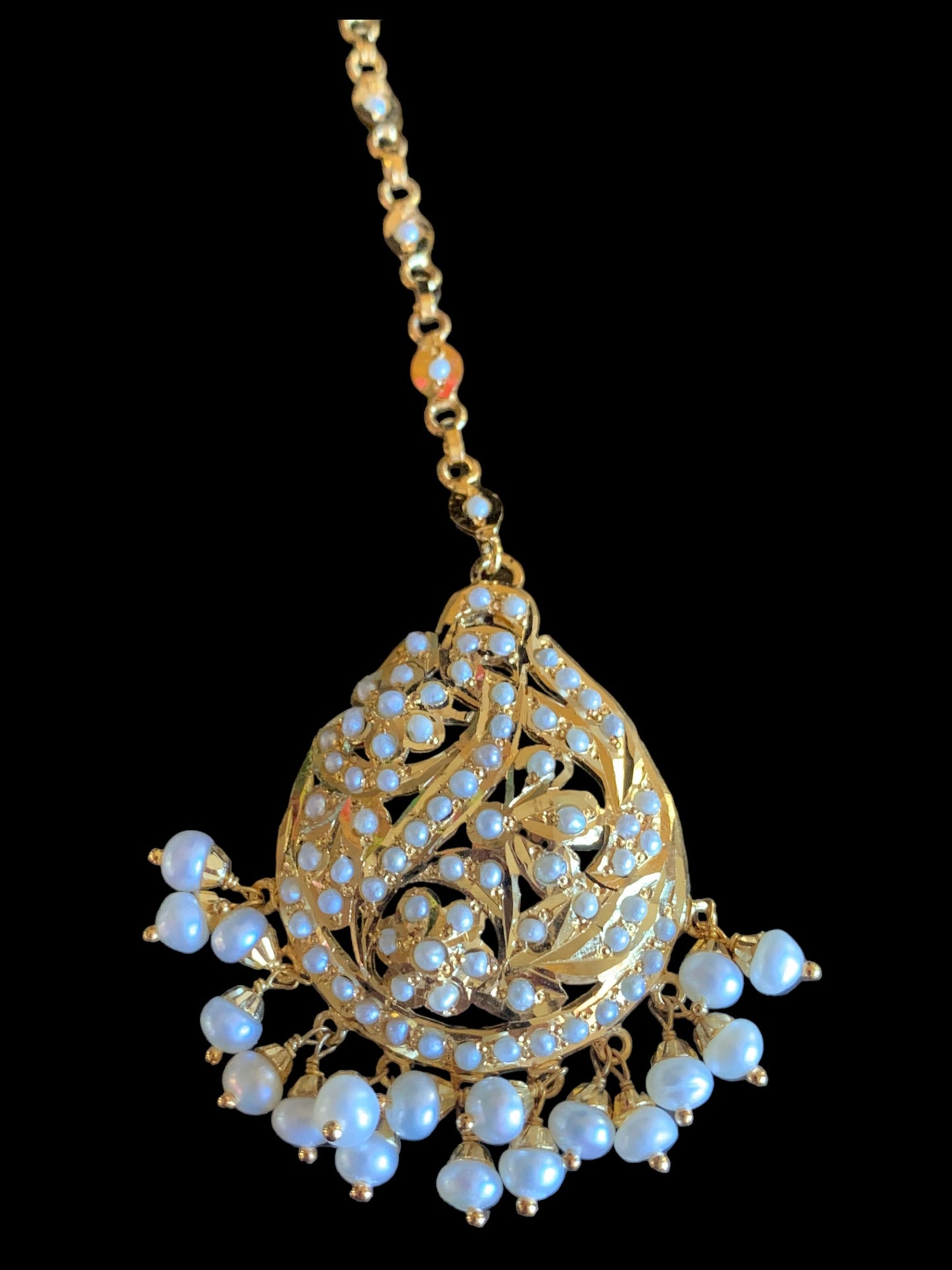 Gold plated silver tikka in fresh water pearls ( SHIPS IN 5 WEEKS  )