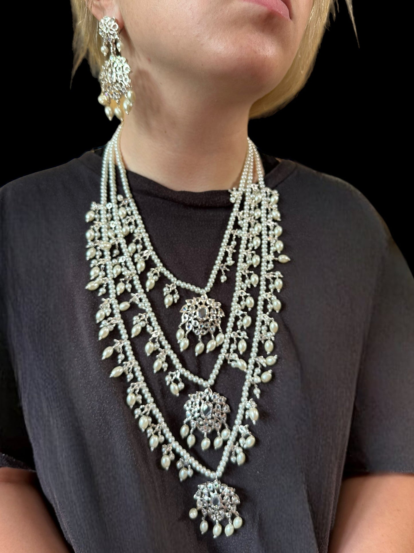SAT76 Farmana three layer Hyderabadi  necklace with earrings ( READY TO SHIP )