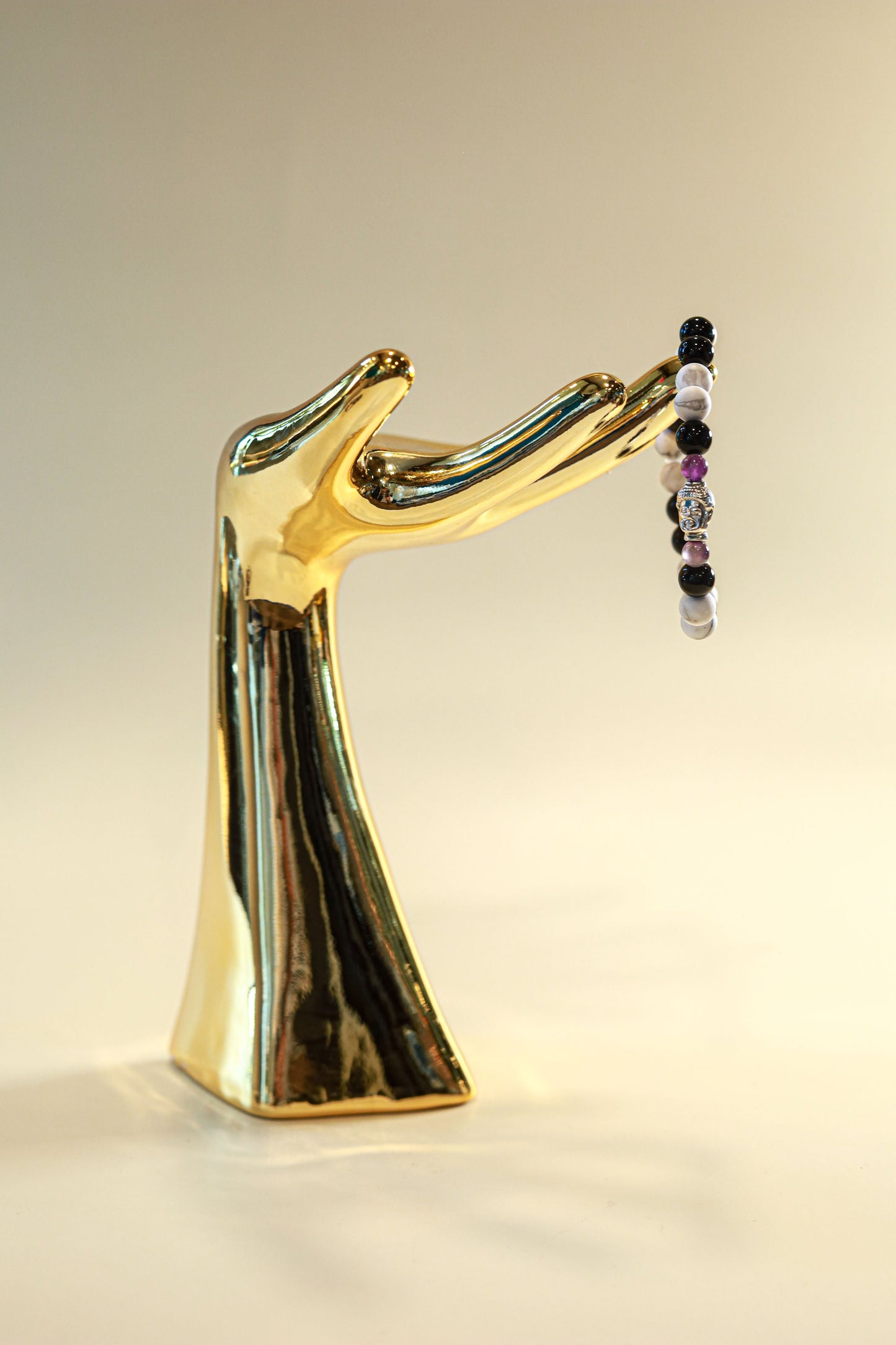 Howlite, Black Jasper & Amethyst Crystal Bracelet • Buddha Charm