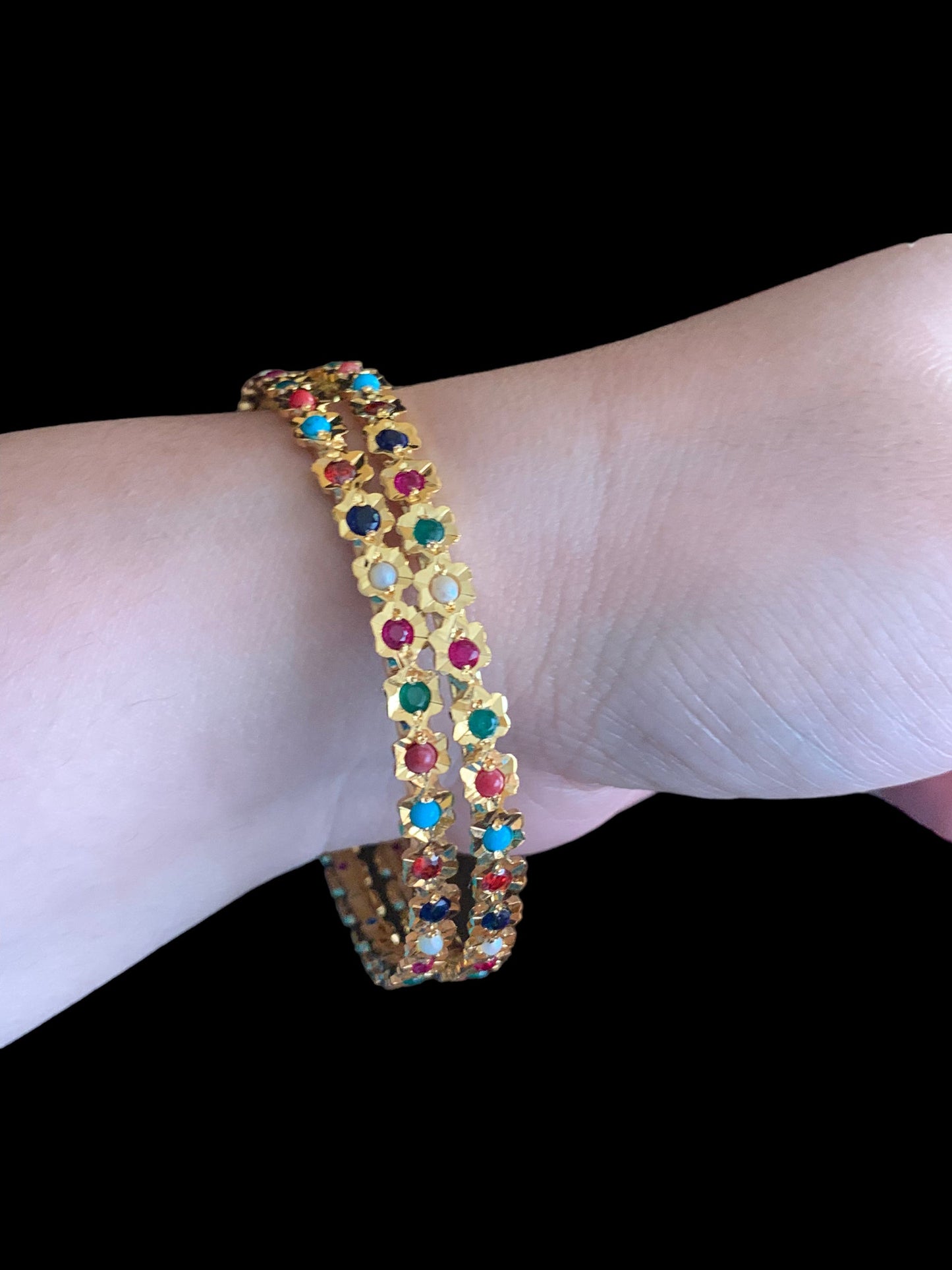 Navratan gold plated silver bangles- one pair ( SHIPS IN 5 WEEKS )