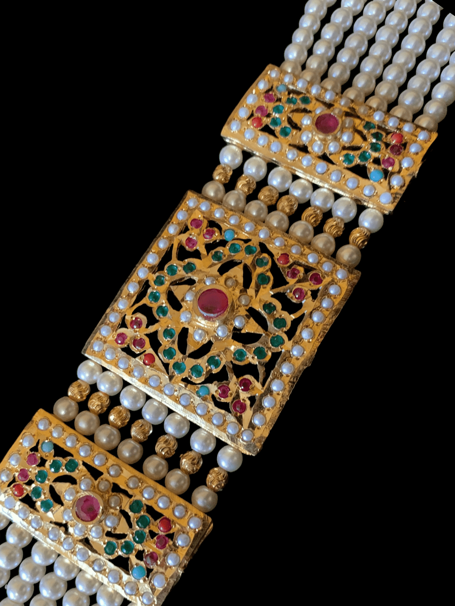 B66 Saira jadau bracelet in navratan with pearls    ( READY TO SHIP )