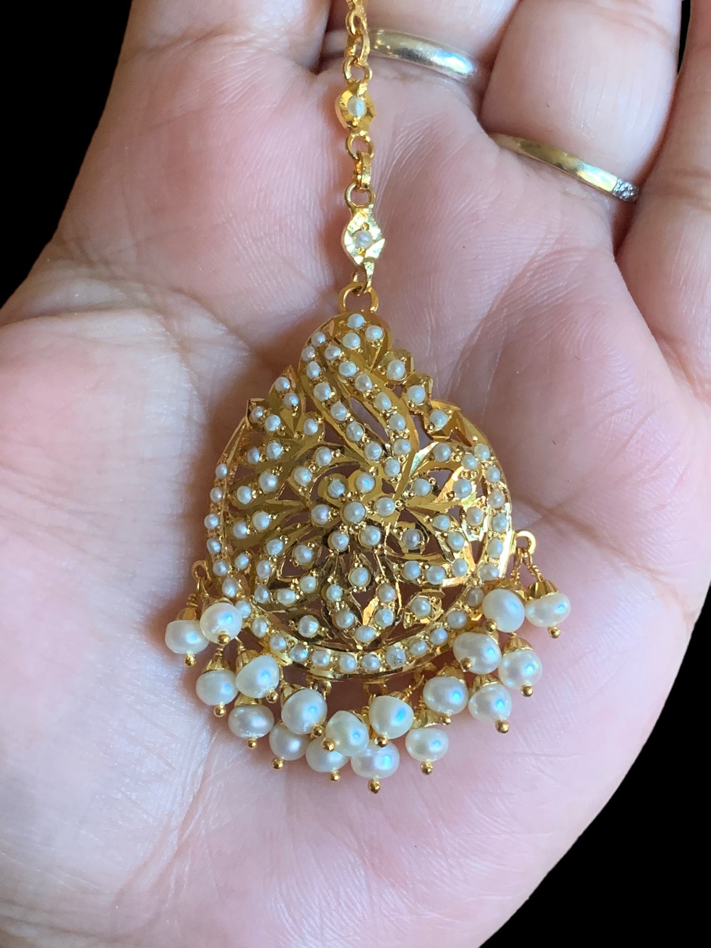 Gold plated silver tikka in fresh water pearls ( SHIPS IN 5 WEEKS )