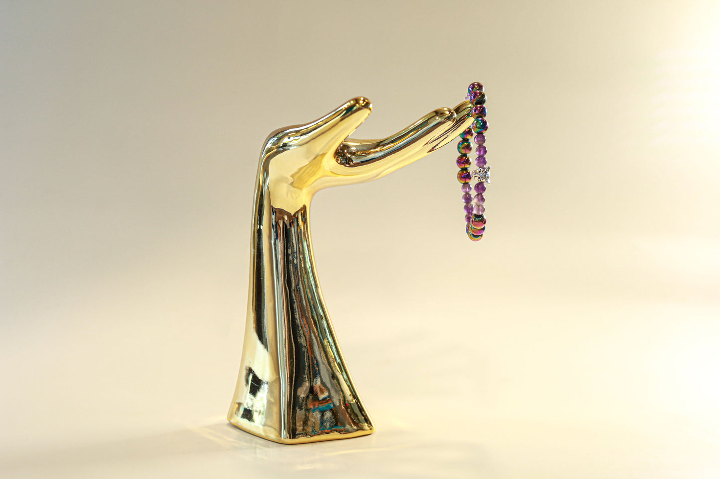 Amethyst & Hematite Crystal Bracelet • Silver Cheetah Charm