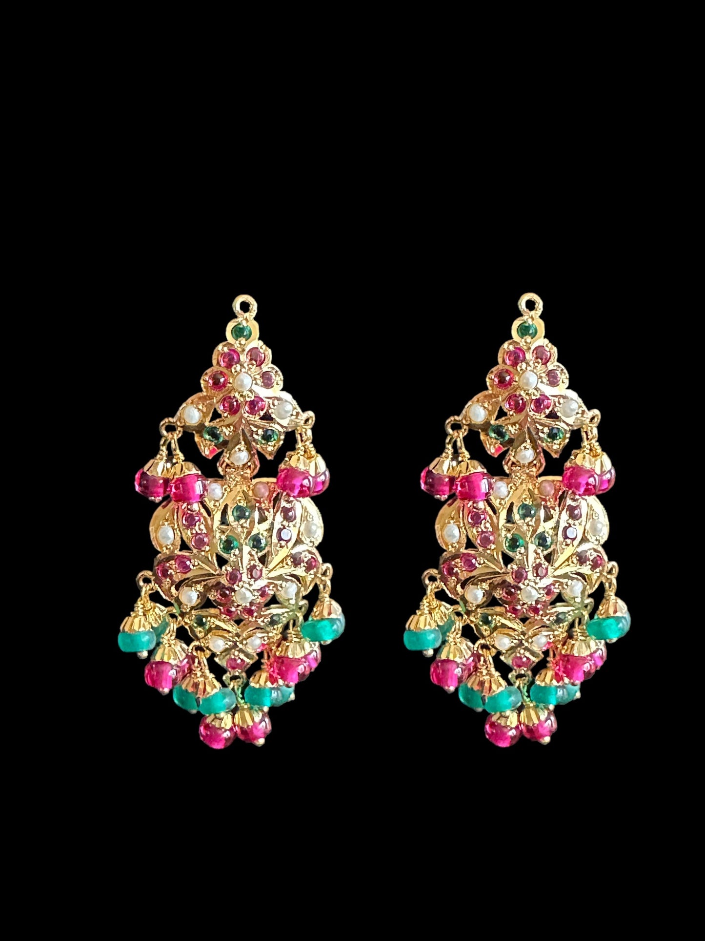 Ruby emerald pearl jadau necklace with earrings in gold plated silver ( READY TO SHIP)