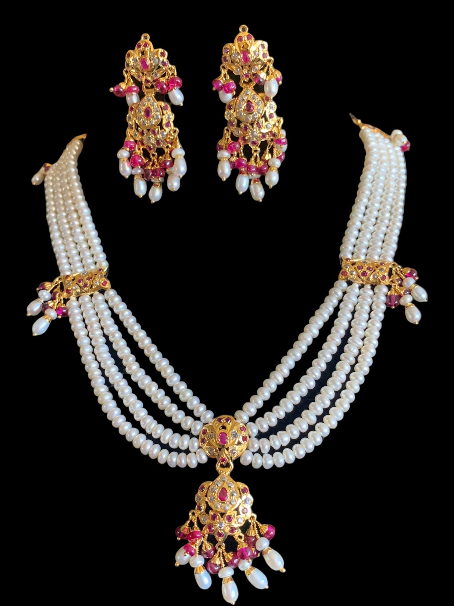 Ruby and zircon jadau gold plated silver necklace with earrings ( SHIPS IN 5 WEEKS )
