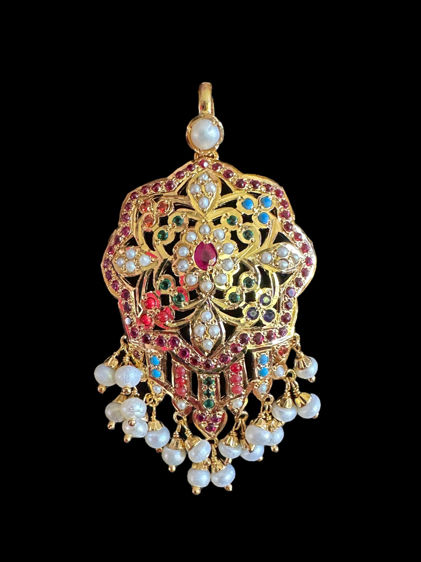 Navratan with Fresh water pearl gold plated silver pendant set  ( SHIPS IN 5 WEEKS  )