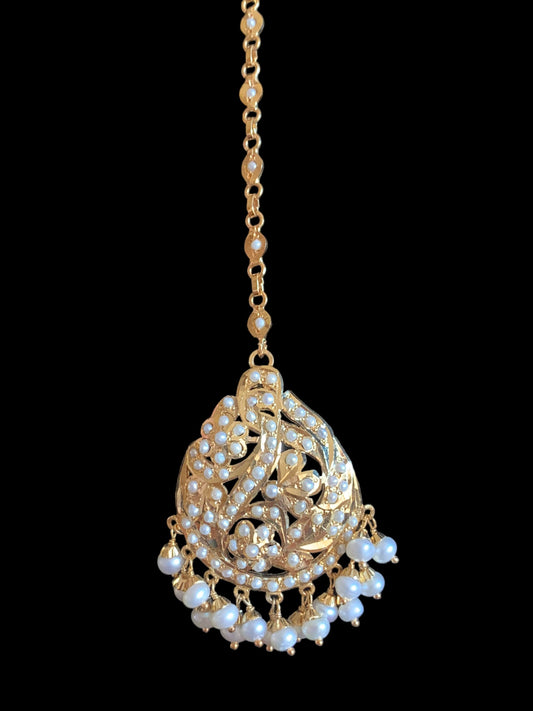 Gold plated silver tikka in fresh water pearls ( SHIPS IN 5 WEEKS  )