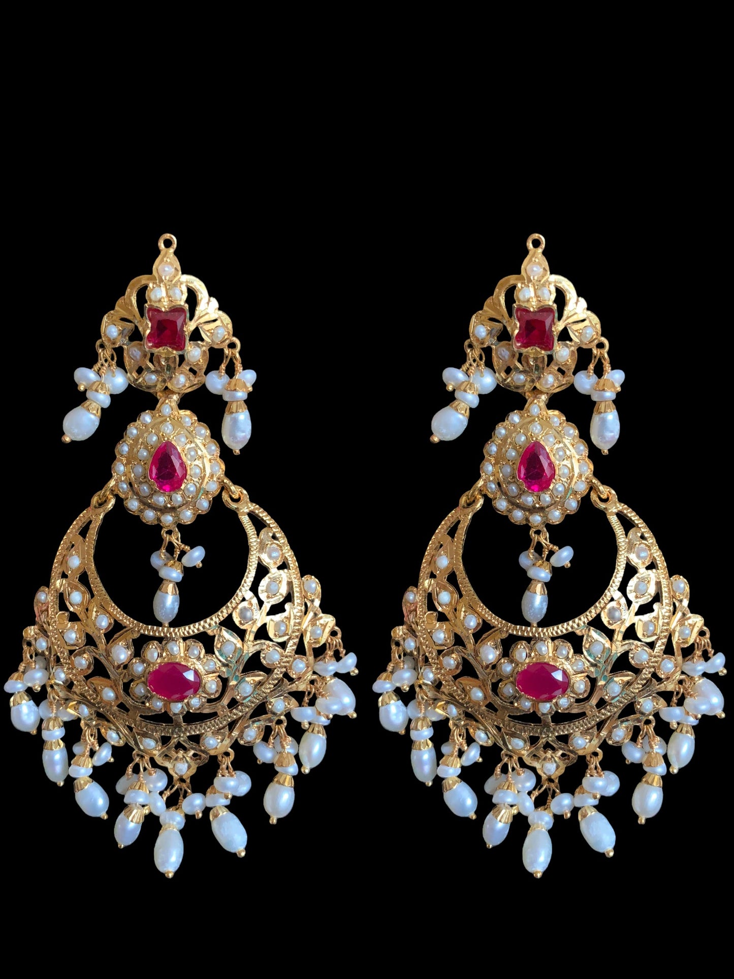 Nadine gold plated silver earrings in fresh water pearls and rubies ( SHIPS IN 5 WEEKS )