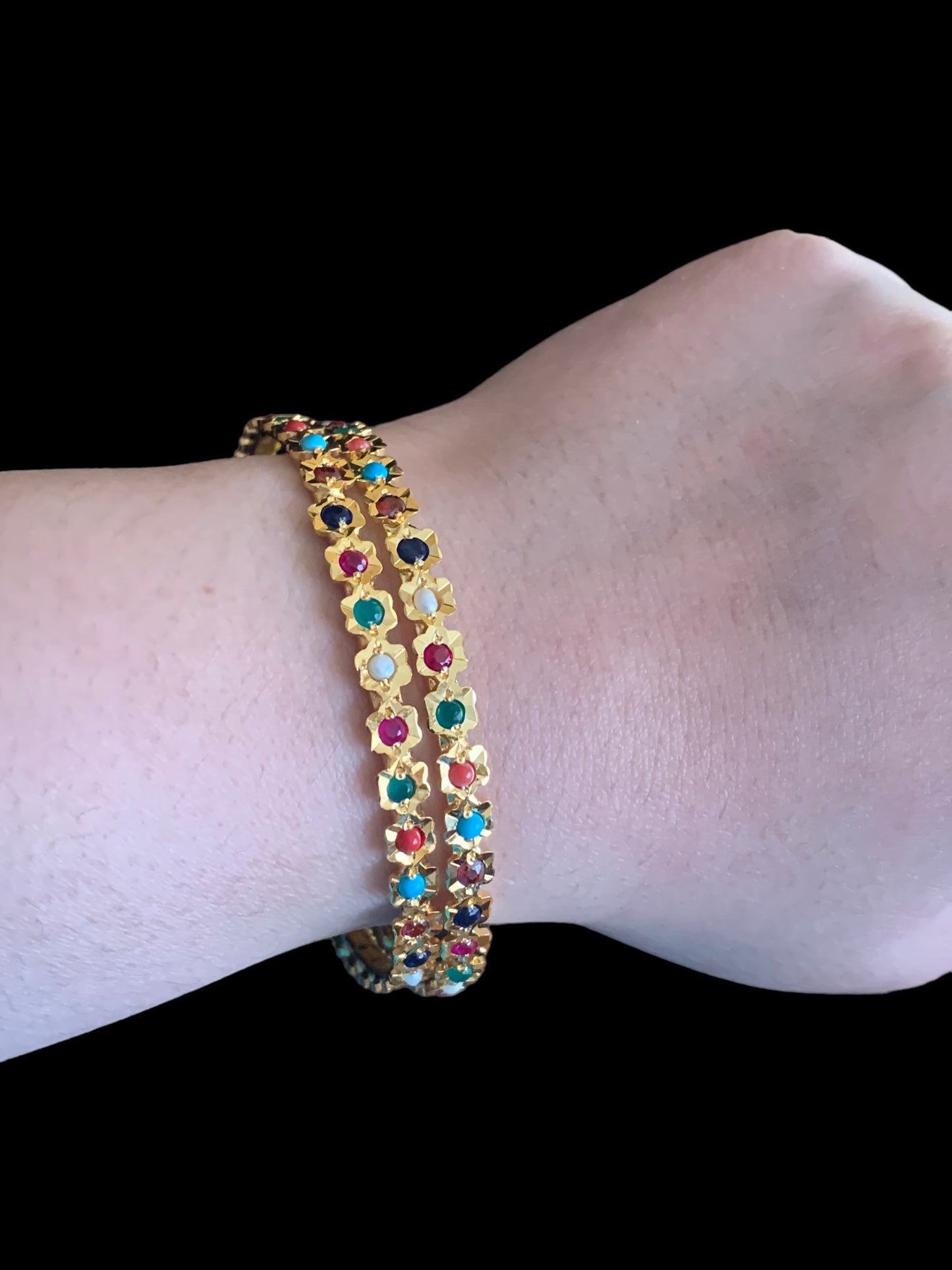 Navratan gold plated silver bangles- one pair ( SHIPS IN 5 WEEKS )