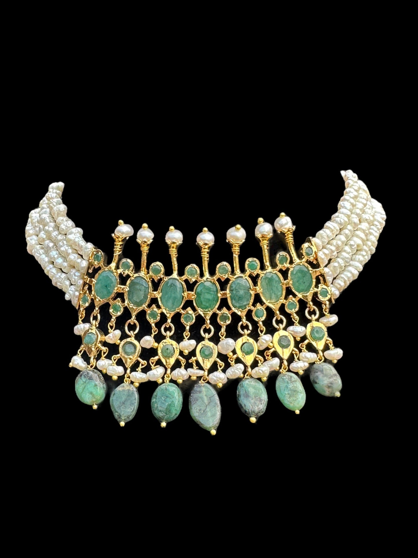 C242 Tirmani in choker style with jhumka  in fresh water pearls and emerald  (READY TO SHIP)