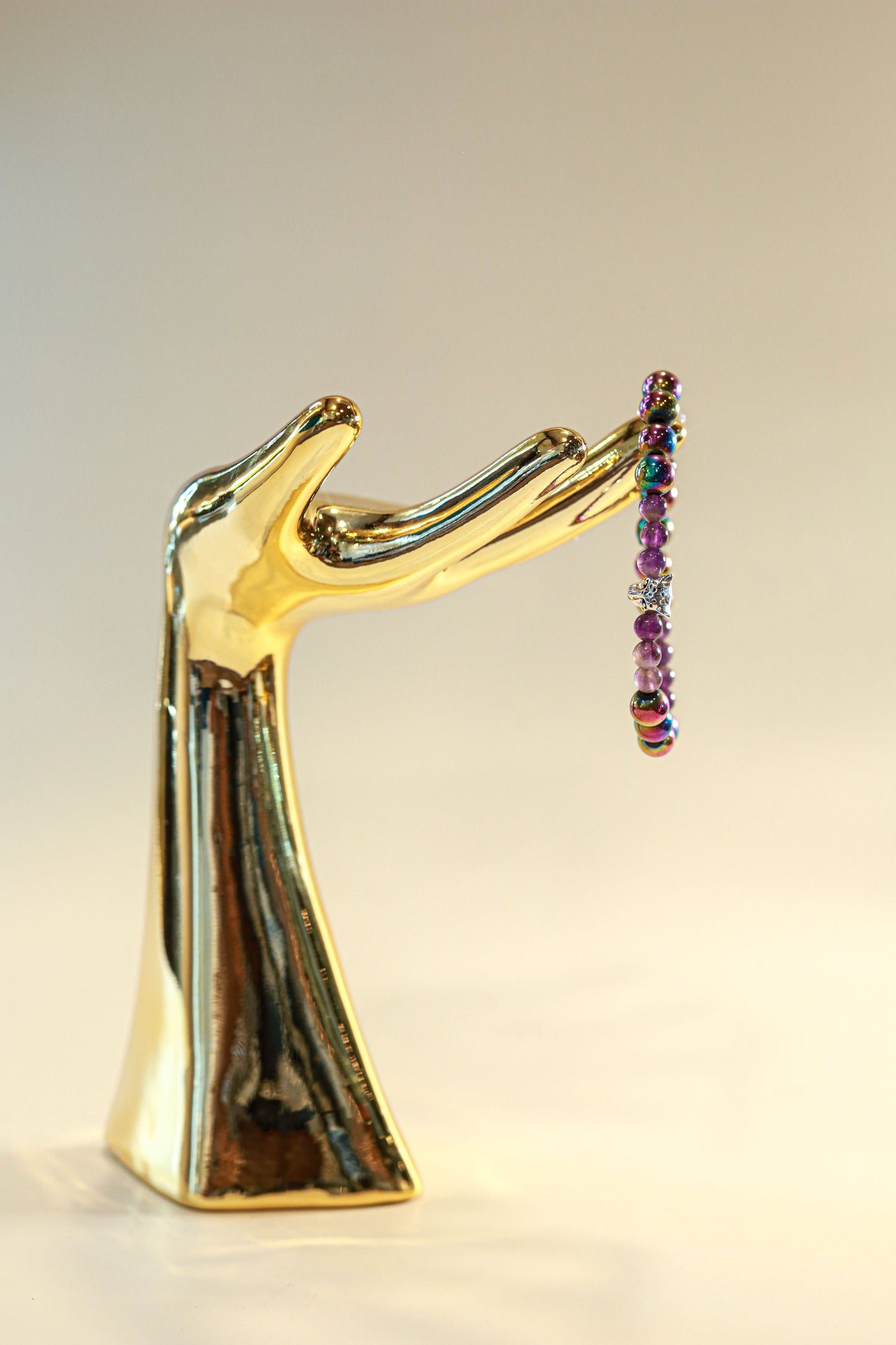 Amethyst & Hematite Crystal Bracelet • Silver Cheetah Charm