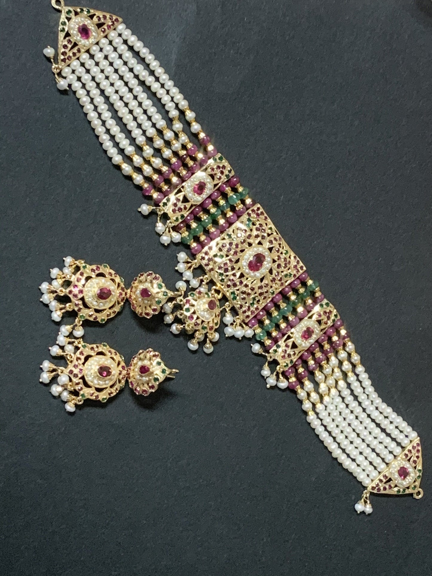 Ruby emerald jadau choker set in gold plated silver ( SHIPS IN 5 WEEKS )