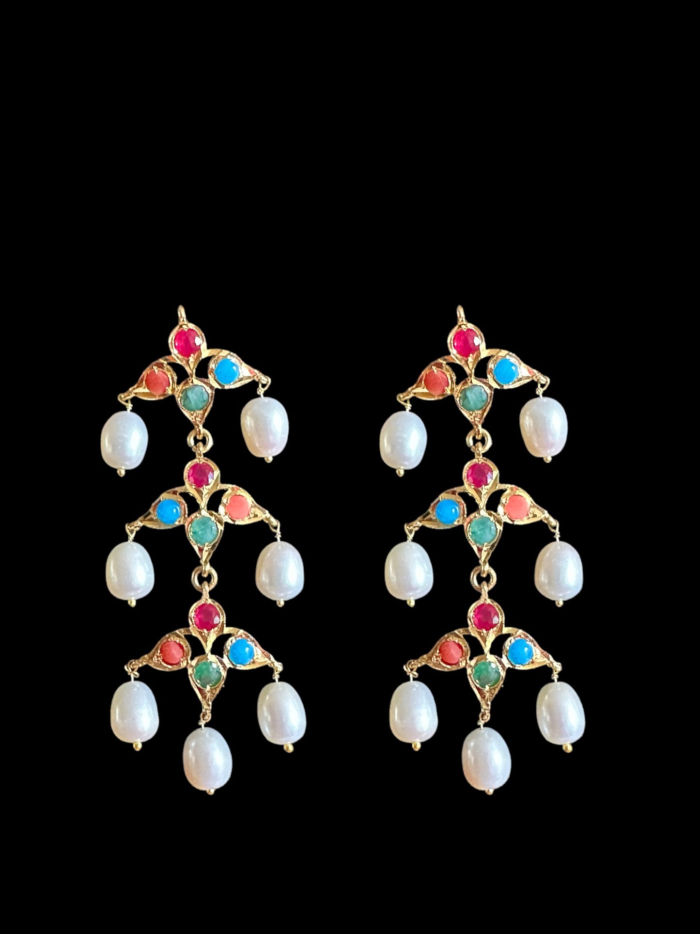Hyderabadi Navratan satlada in gold plated silver with fresh water pearls (SHIPS IN 5 WEEKS  )