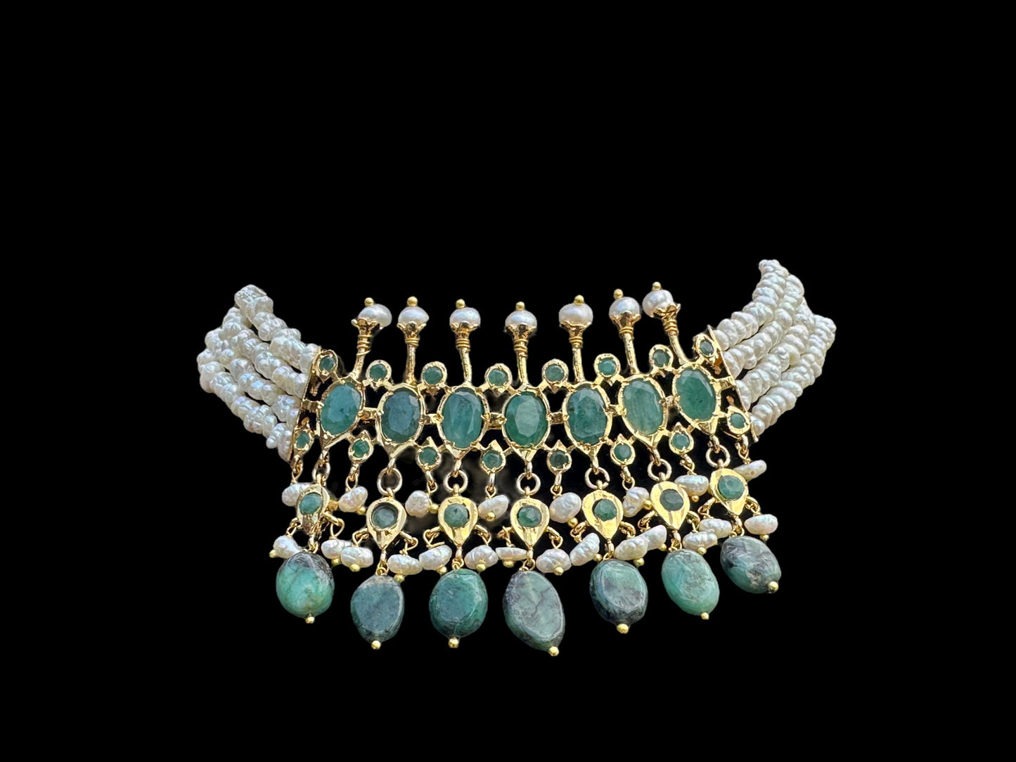 C242 Tirmani in choker style with jhumka  in fresh water pearls and emerald  (READY TO SHIP)