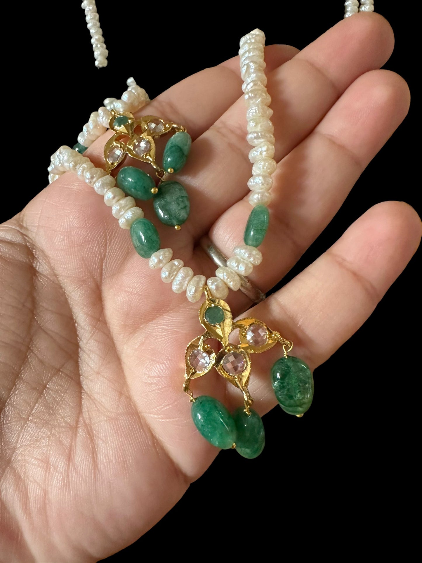 SAT81 Hyderabadi satlada in emerald beads and fresh water pearls (READY TO SHIP )