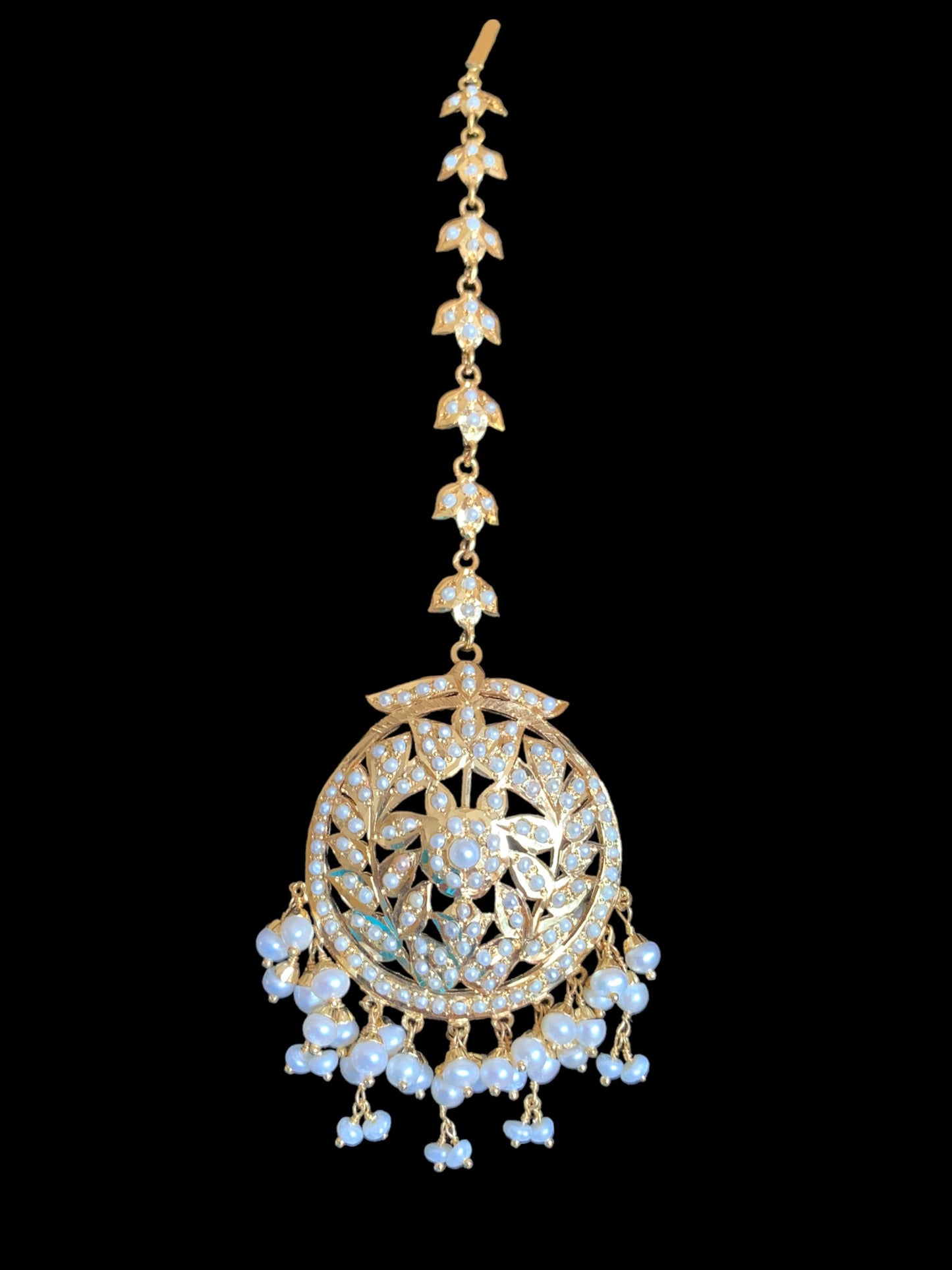 Gold plated silver tika in fresh water pearls ( SHIPS IN 5 WEEKS )