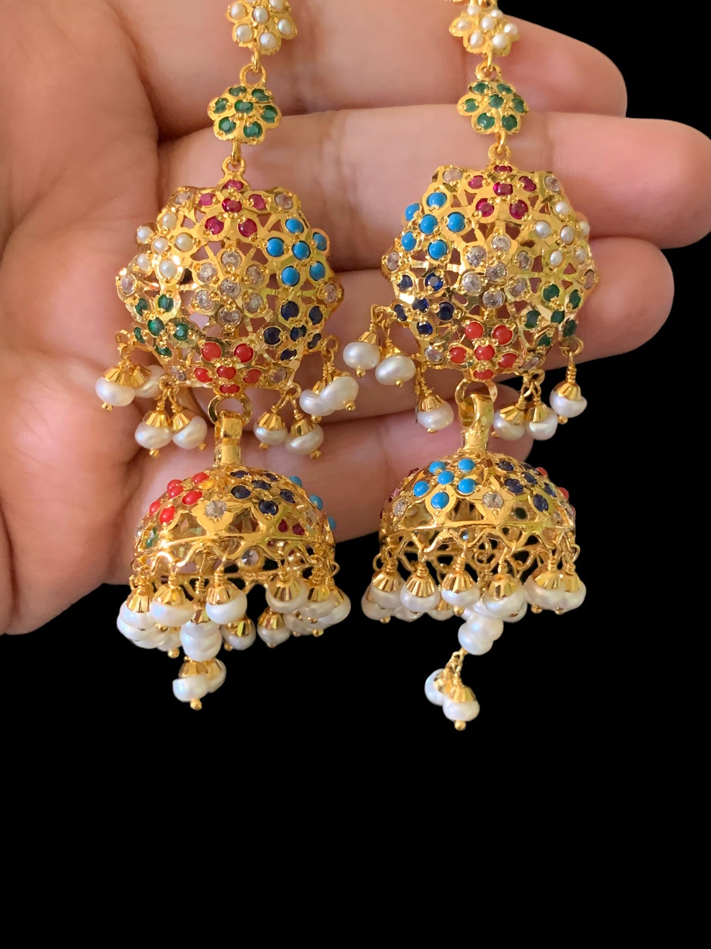 Navratan gold plated silver jhumka earrings ( READY TO SHIP )