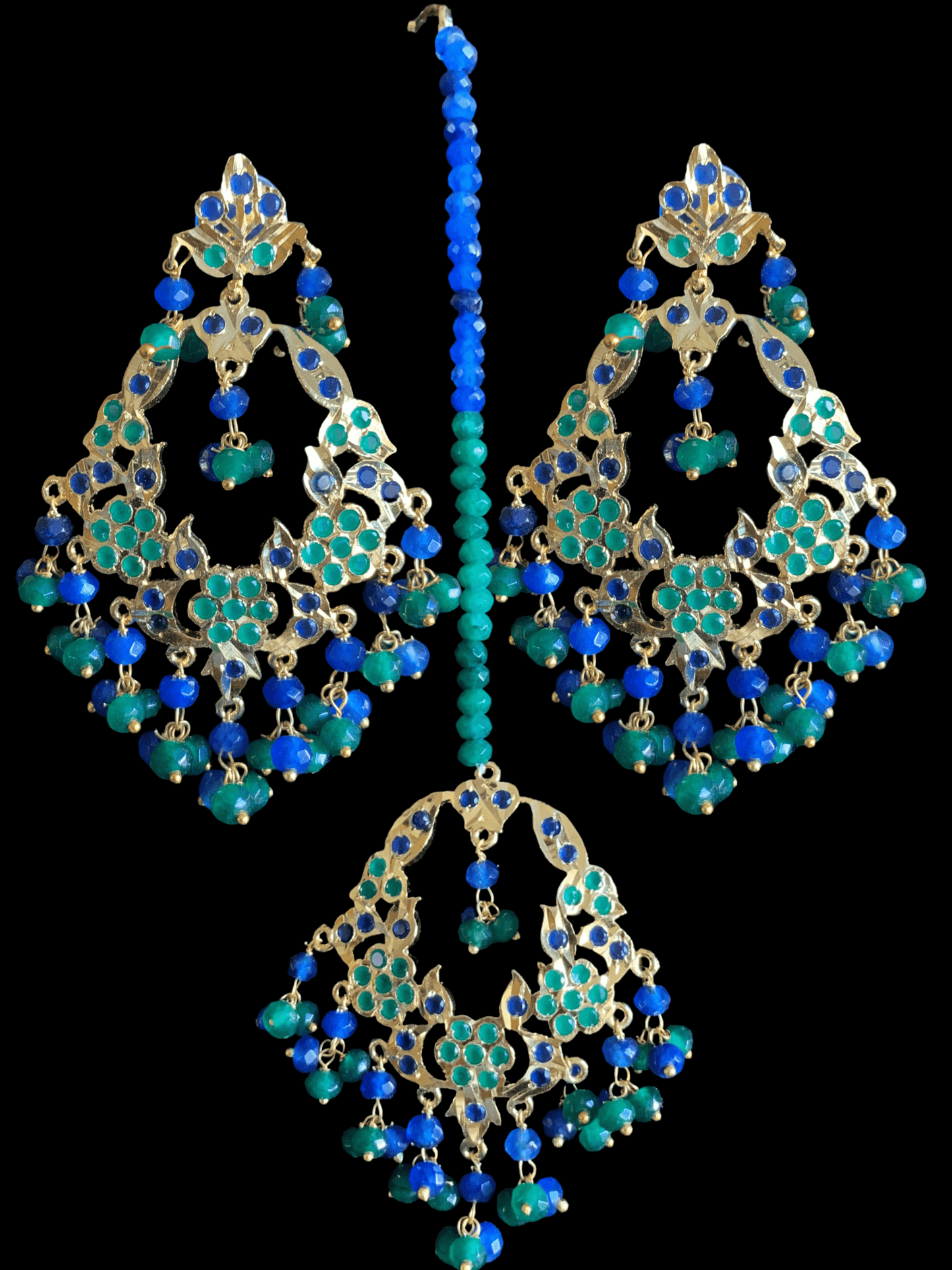 DJET36 Madhuri earrings tika set in blue green (SHIPS IN 4 WEEKS )