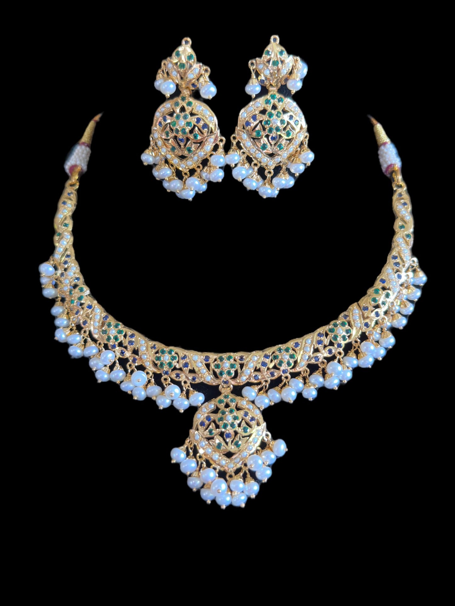Emerald sapphire with fresh water pearl necklace with earrings in gold plated silver ( READY TO SHIP)