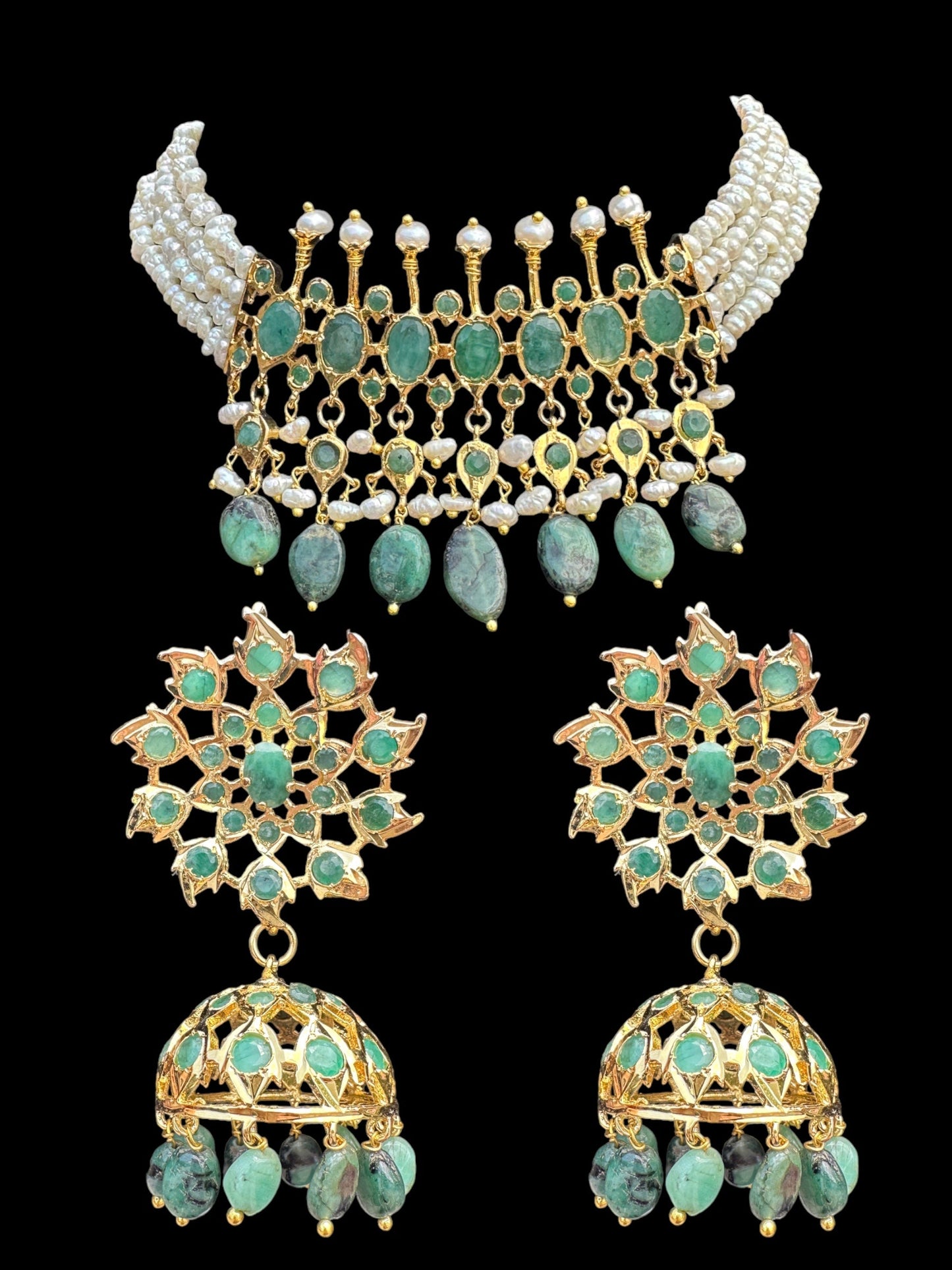 C242 Tirmani in choker style with jhumka  in fresh water pearls and emerald  (READY TO SHIP)