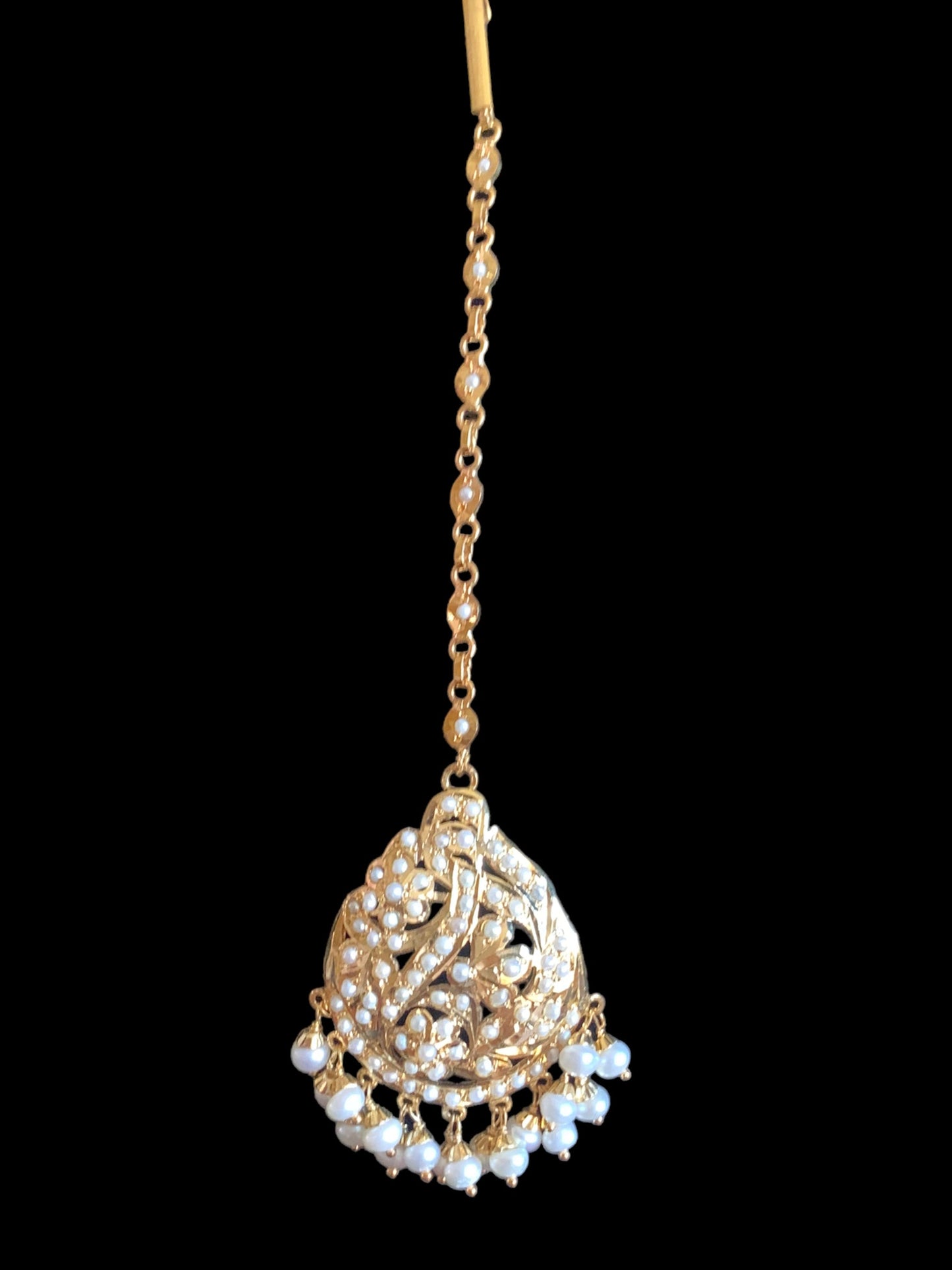 Gold plated silver tikka in fresh water pearls ( SHIPS IN 5 WEEKS  )