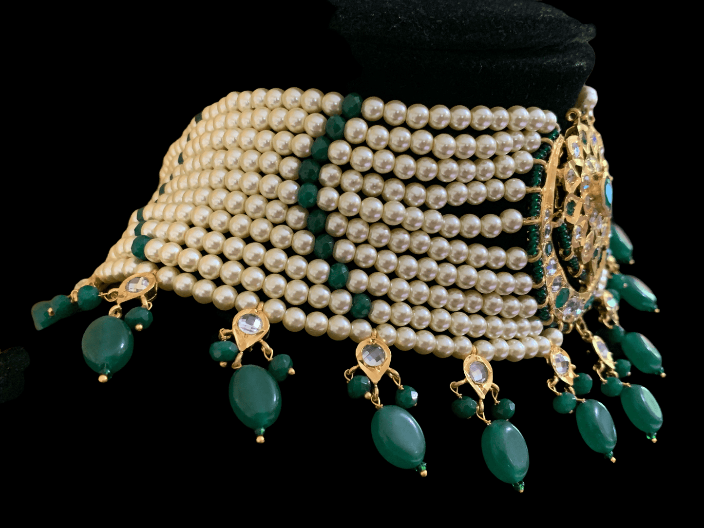C103 Noor choker set in green with golden pearls (READY TO SHIP)