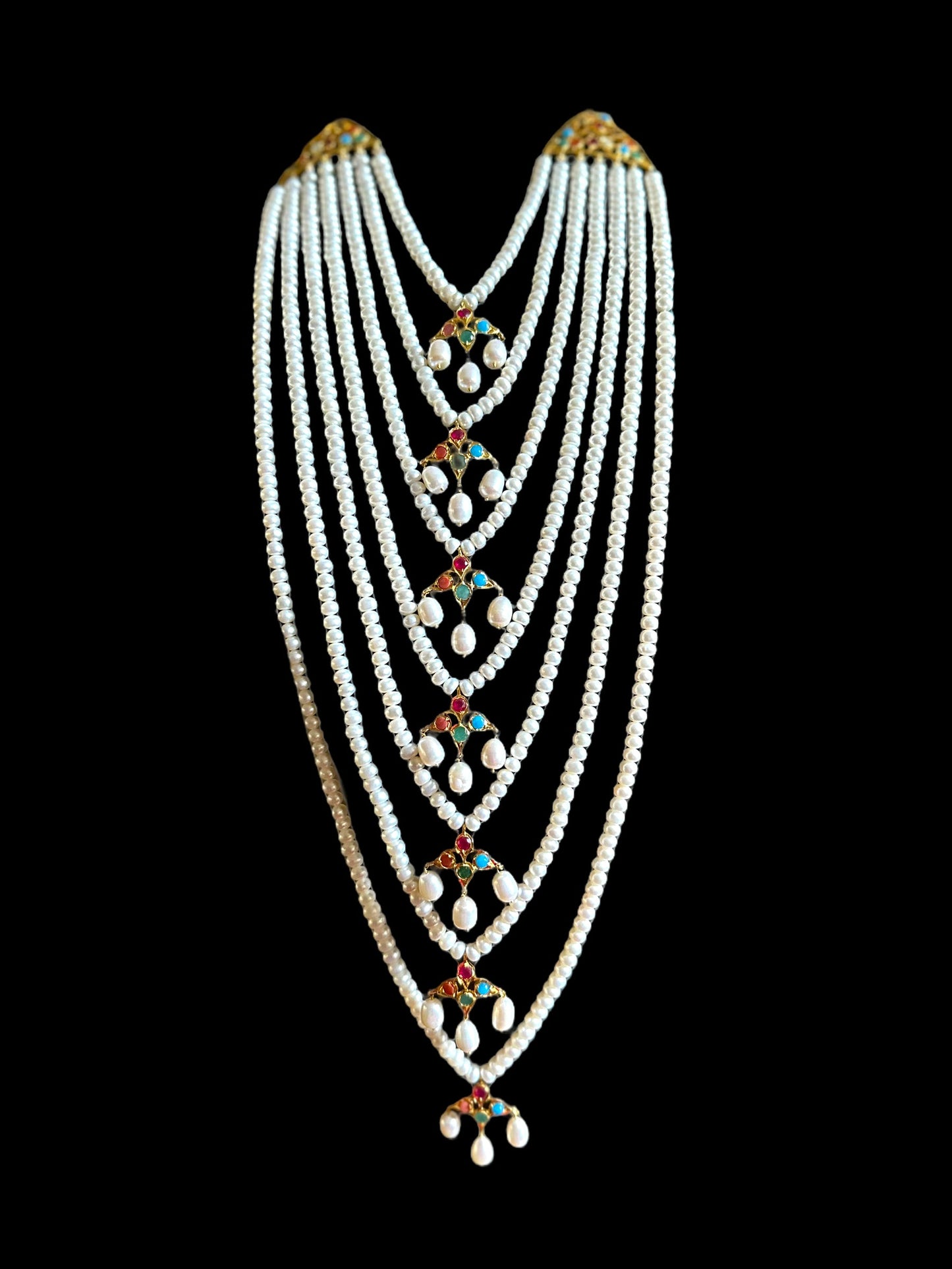Hyderabadi Navratan satlada in gold plated silver with fresh water pearls (SHIPS IN 5 WEEKS  )