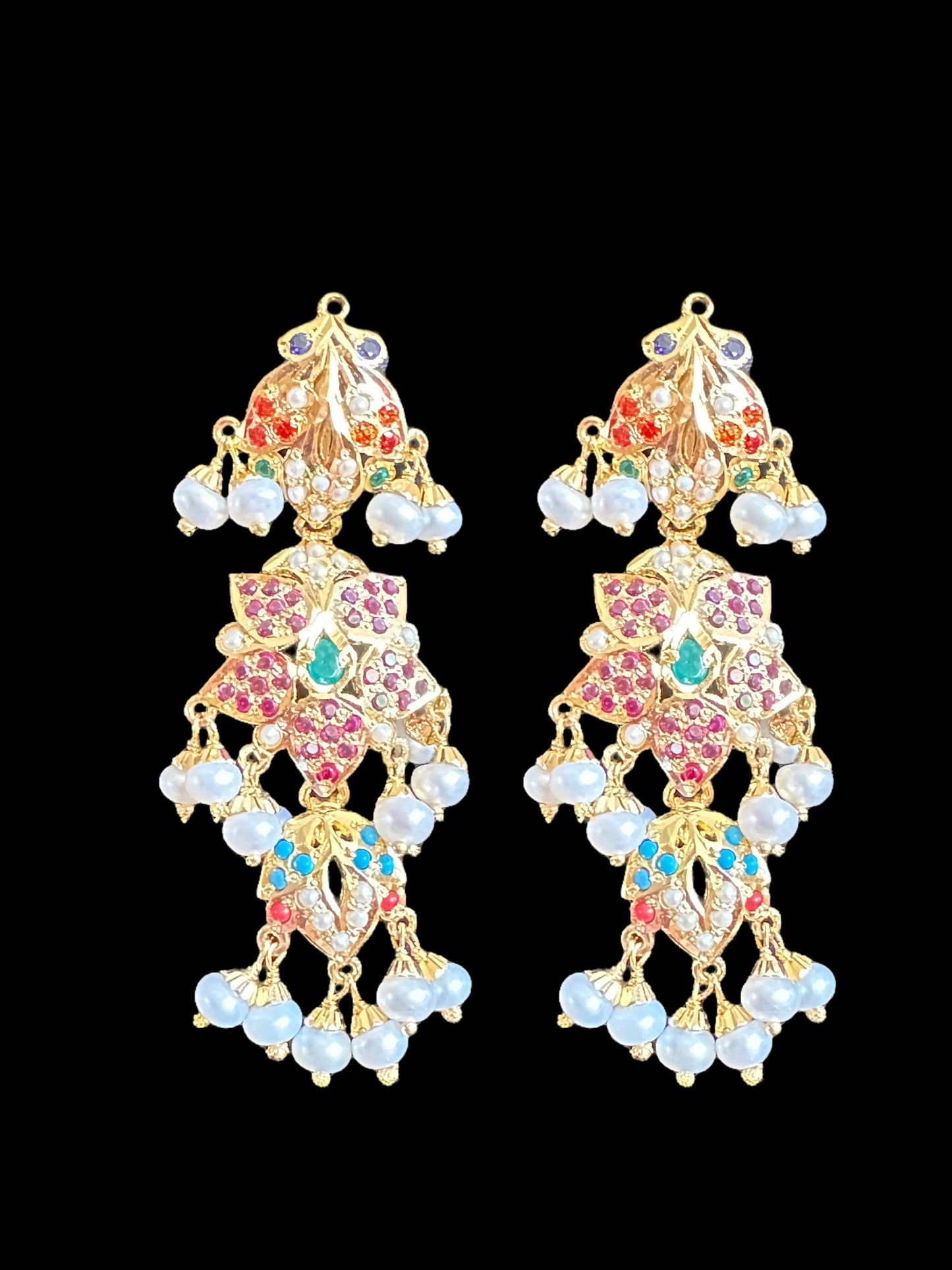 Navratan necklace  set with fresh water pearls in gold plated silver ( READY TO SHIP )
