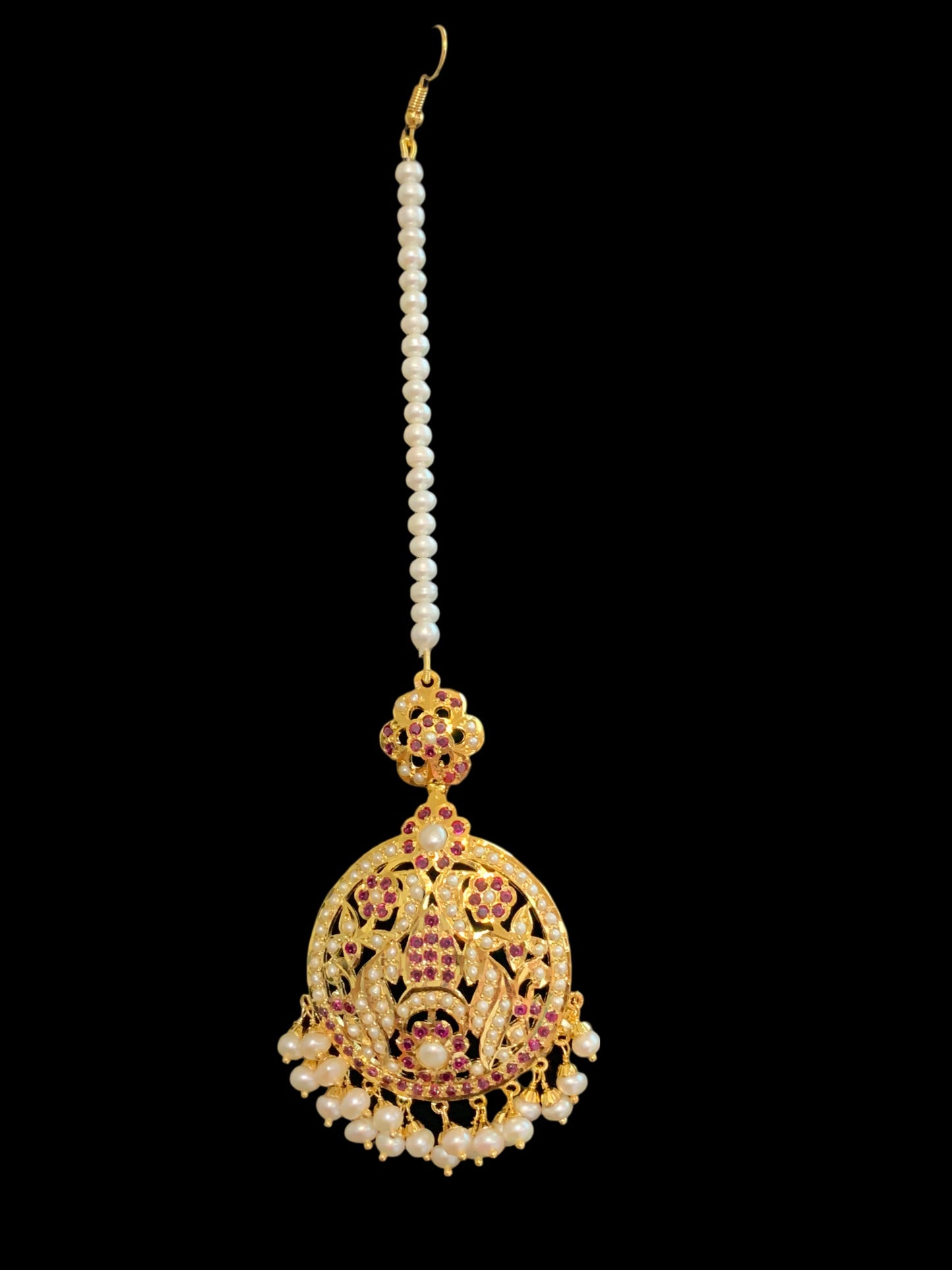 Gold plated silver jadau tikka in pearls and rubies ( SHIPS IN 5 WEEKS )