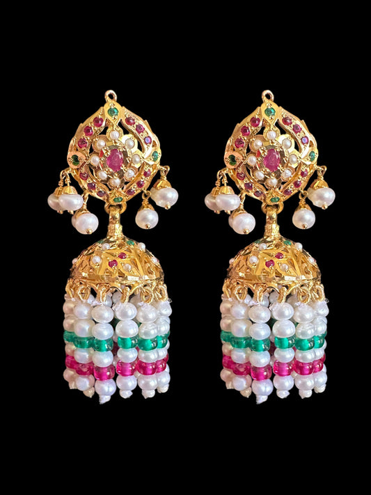 Ruby emerald with  Fresh water pearl jhumka in gold plated silver ( SHIPS IN 5 WEEKS  )