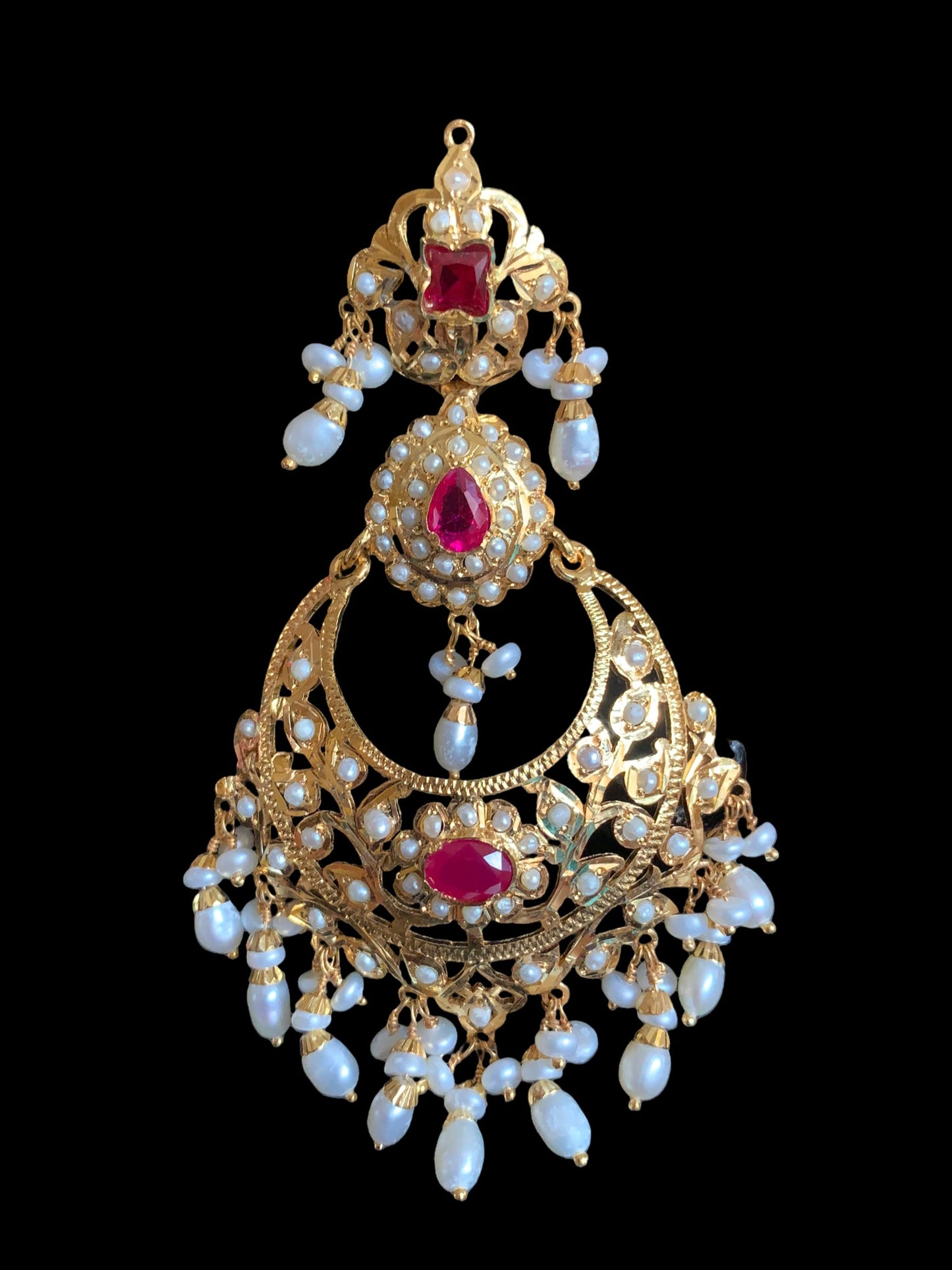 Nadine gold plated silver earrings in fresh water pearls and rubies ( SHIPS IN 5 WEEKS )