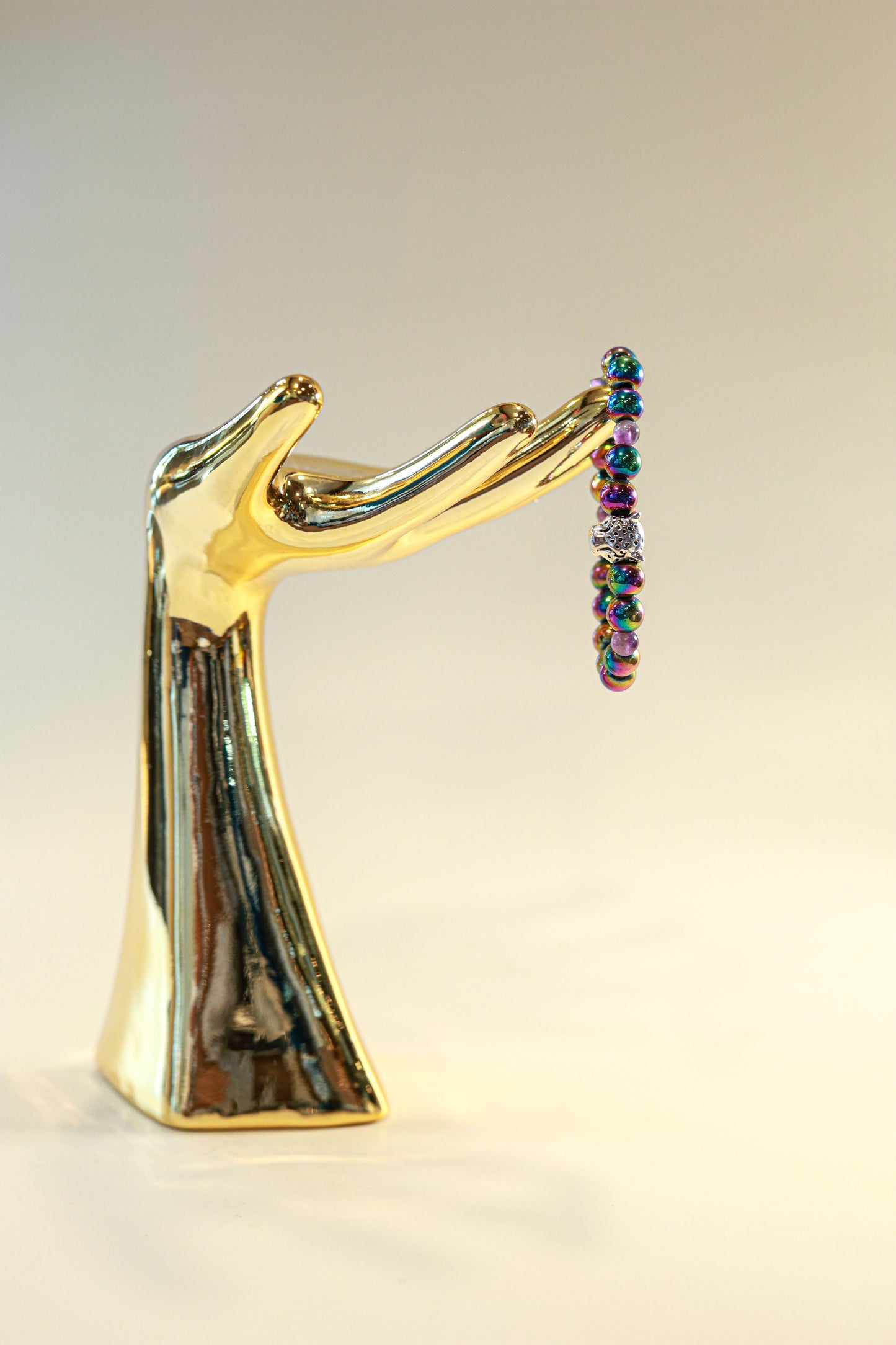 Amethyst & Hematite Crystal Bracelet • Silver Cheetah Charm