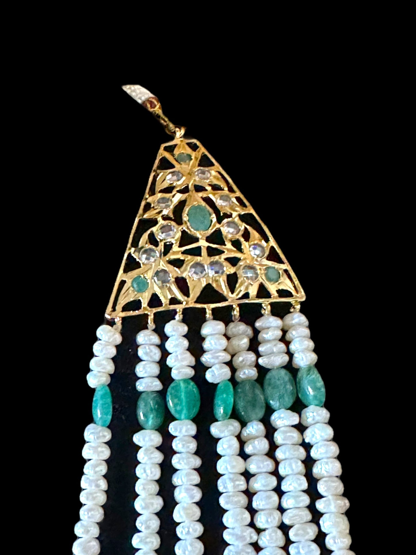 SAT81 Hyderabadi satlada in emerald beads and fresh water pearls (READY TO SHIP )