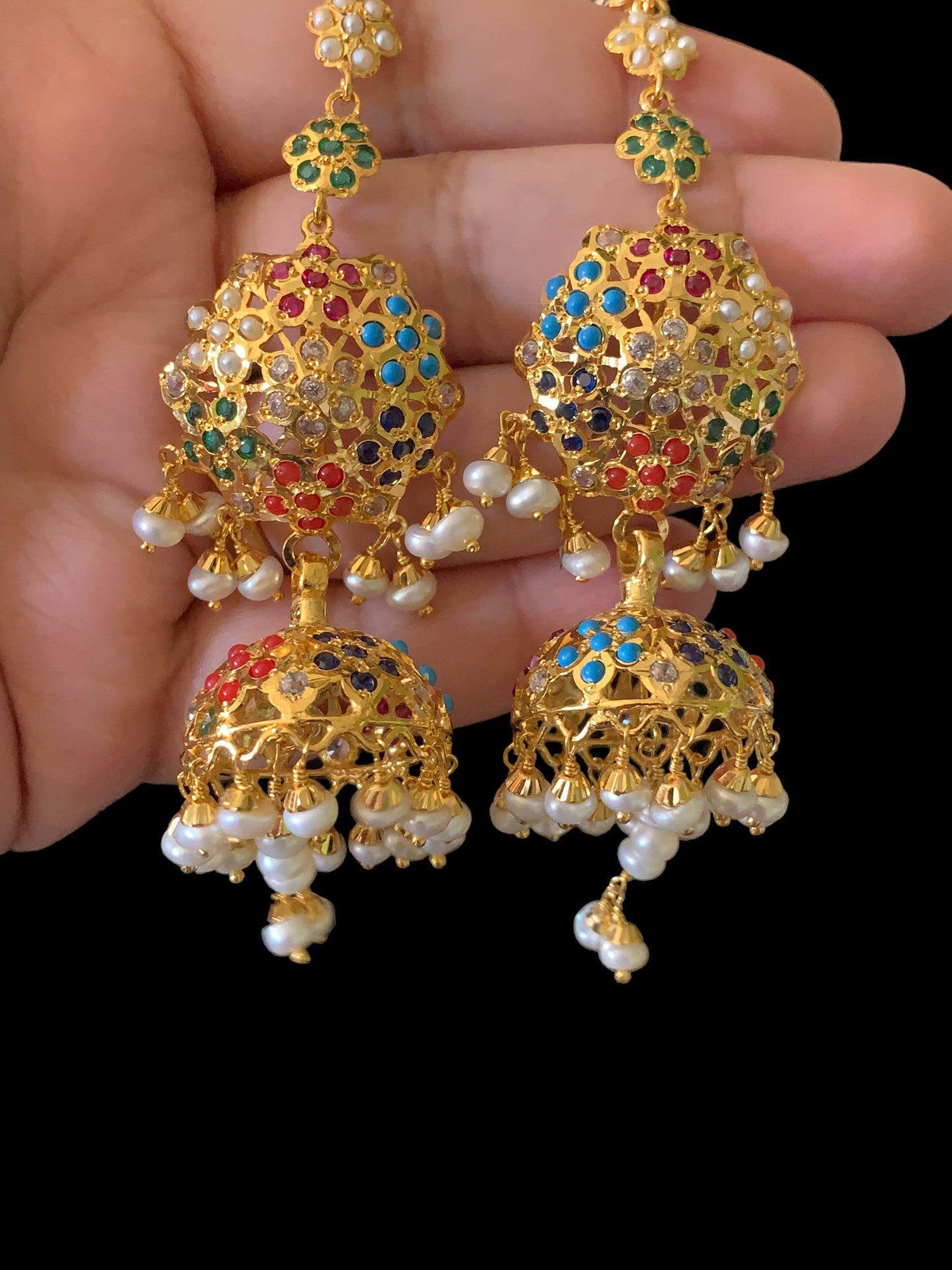 Navratan gold plated silver jhumka earrings ( READY TO SHIP )