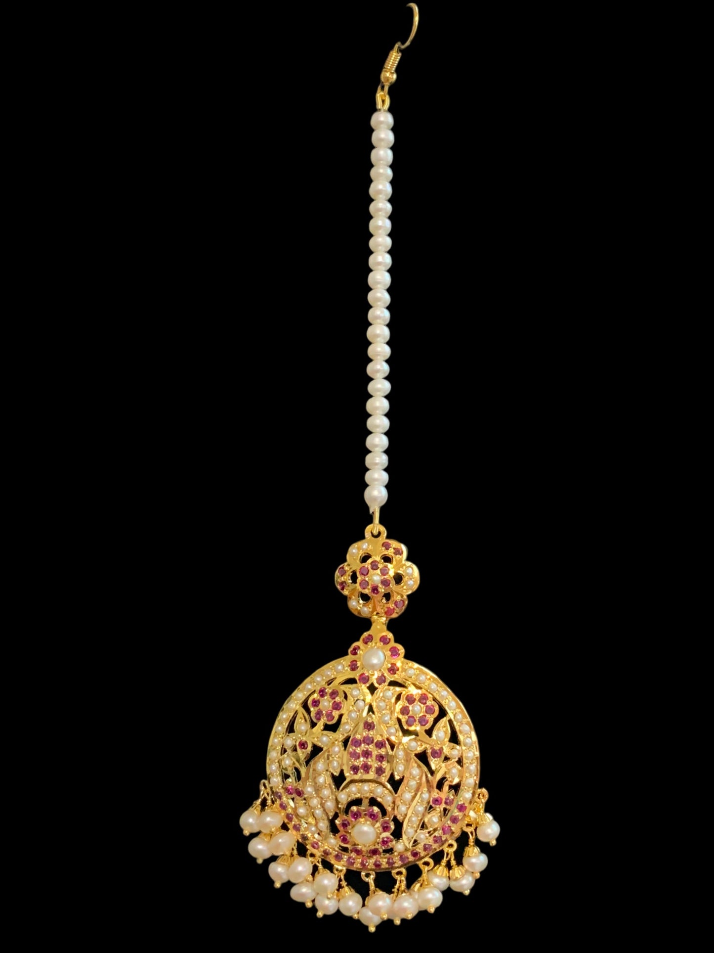 Gold plated silver jadau tikka in pearls and rubies ( SHIPS IN 5 WEEKS )