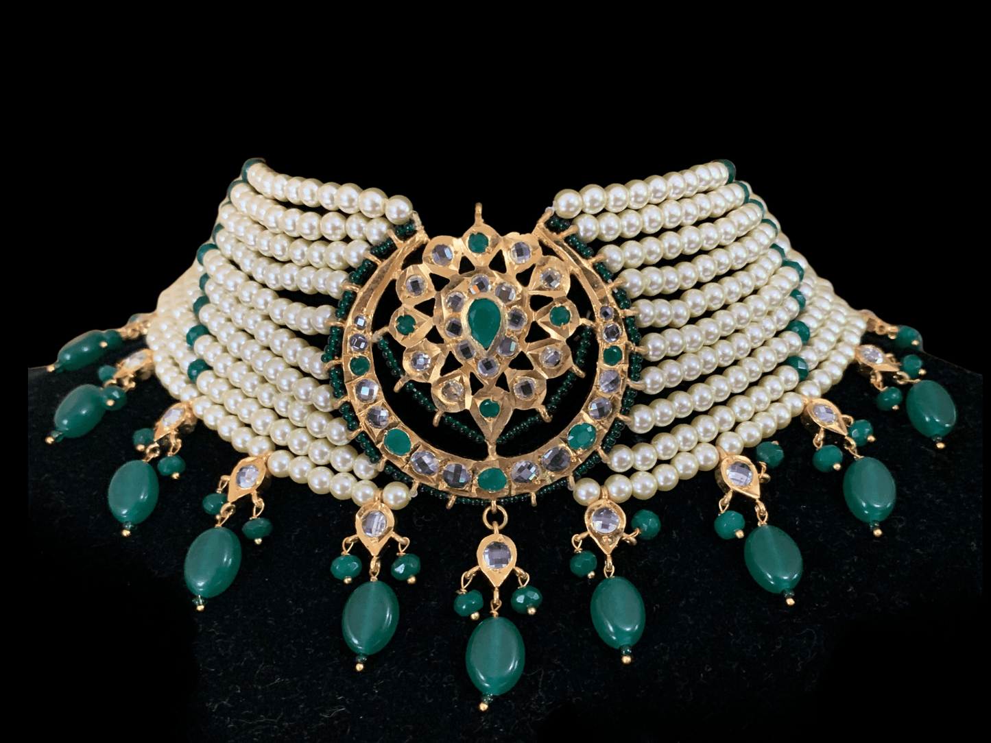 C103 Noor choker set in green with golden pearls (READY TO SHIP)