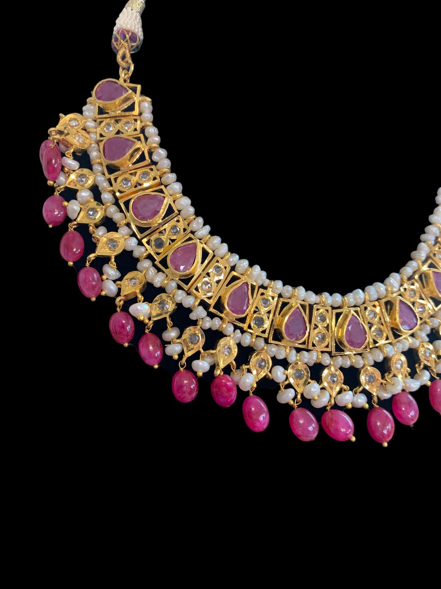RAKIBA gold plated silver necklace set in ruby with fresh water pearls ( SHIPS IN 6 WEEKS )