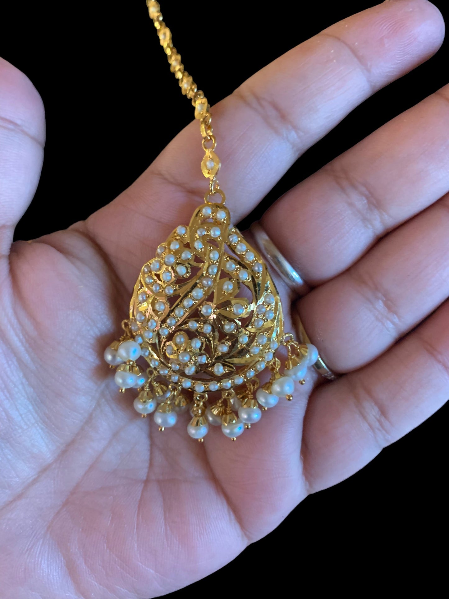 Gold plated silver tikka in fresh water pearls ( SHIPS IN 5 WEEKS  )