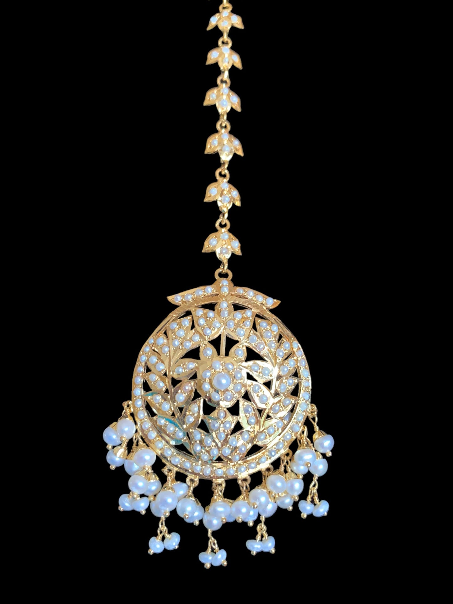 Gold plated silver tika in fresh water pearls ( SHIPS IN 5 WEEKS )