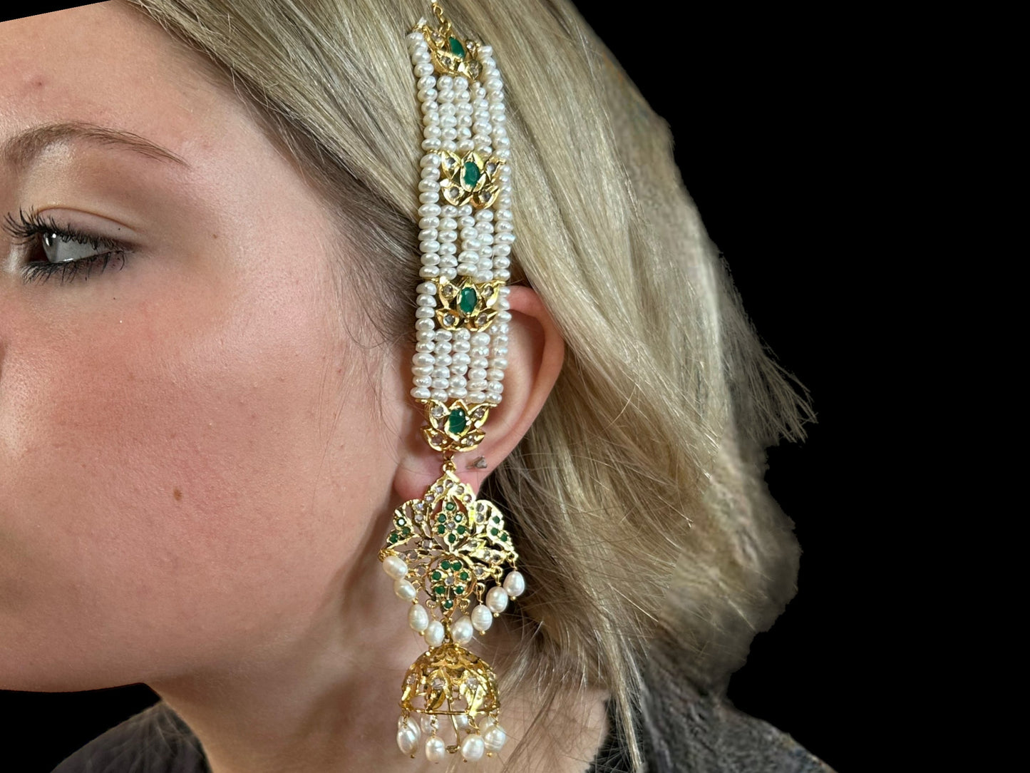 DER200 Lina sheeshphool inspired earrings in fresh water pearls - green ( READY TO SHIP  )