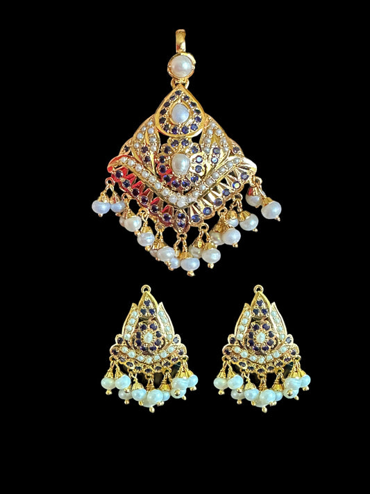 Sapphire with Fresh water pearl gold plated silver pendant set  ( SHIPS IN 5 WEEKS )