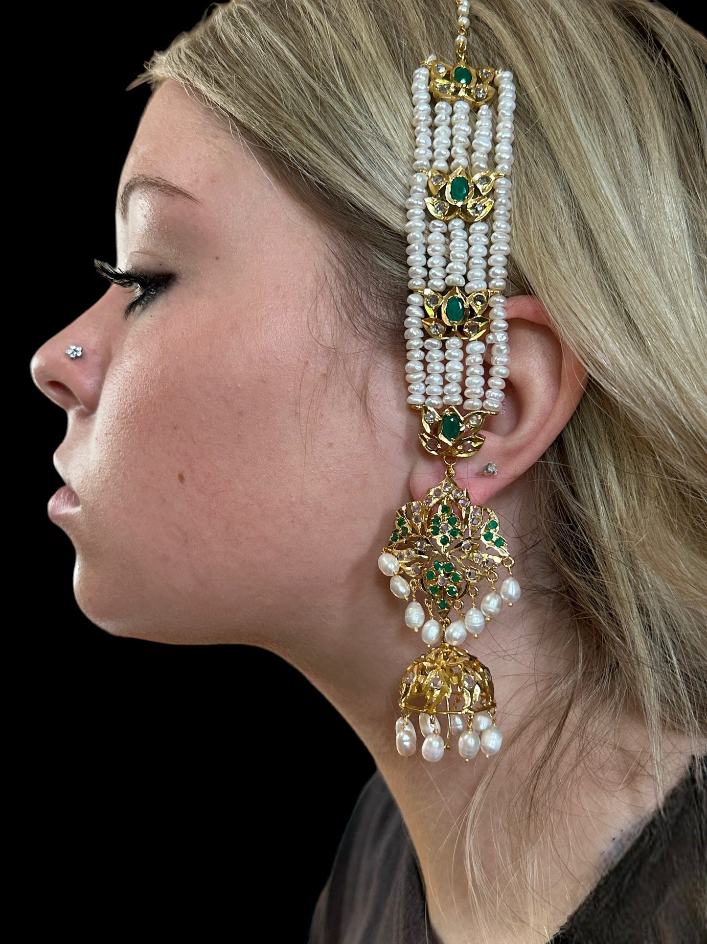DER200 Lina sheeshphool inspired earrings in fresh water pearls - green ( READY TO SHIP  )