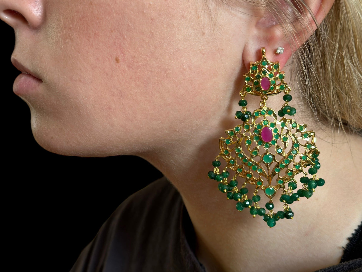 DJET41 Ekta ruby emerald earrings tika (READY TO SHIP )