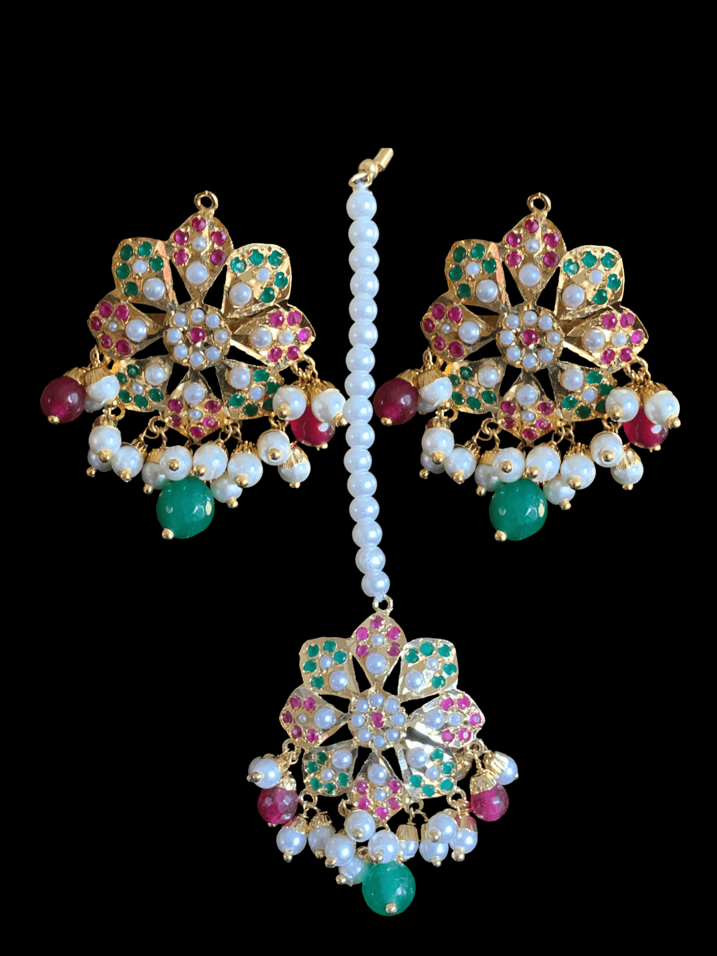NS327 Alea punjabi Jadau necklace  set - ruby emerald   (SHIPS IN 4 WEEKS)