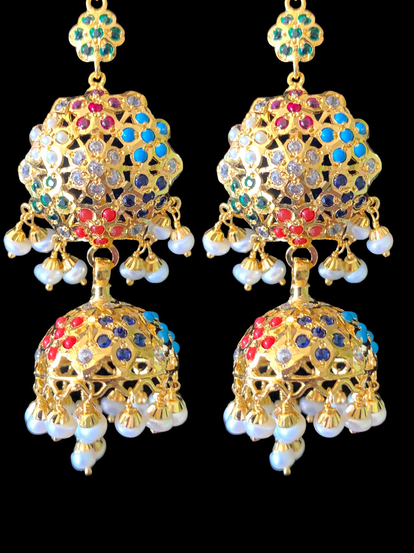 Navratan gold plated silver jhumka earrings ( READY TO SHIP )