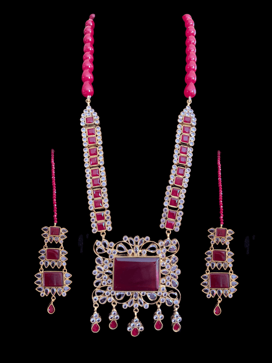 LN27 Farshi kundan long statement necklace set - Red ( READY TO SHIP  )
