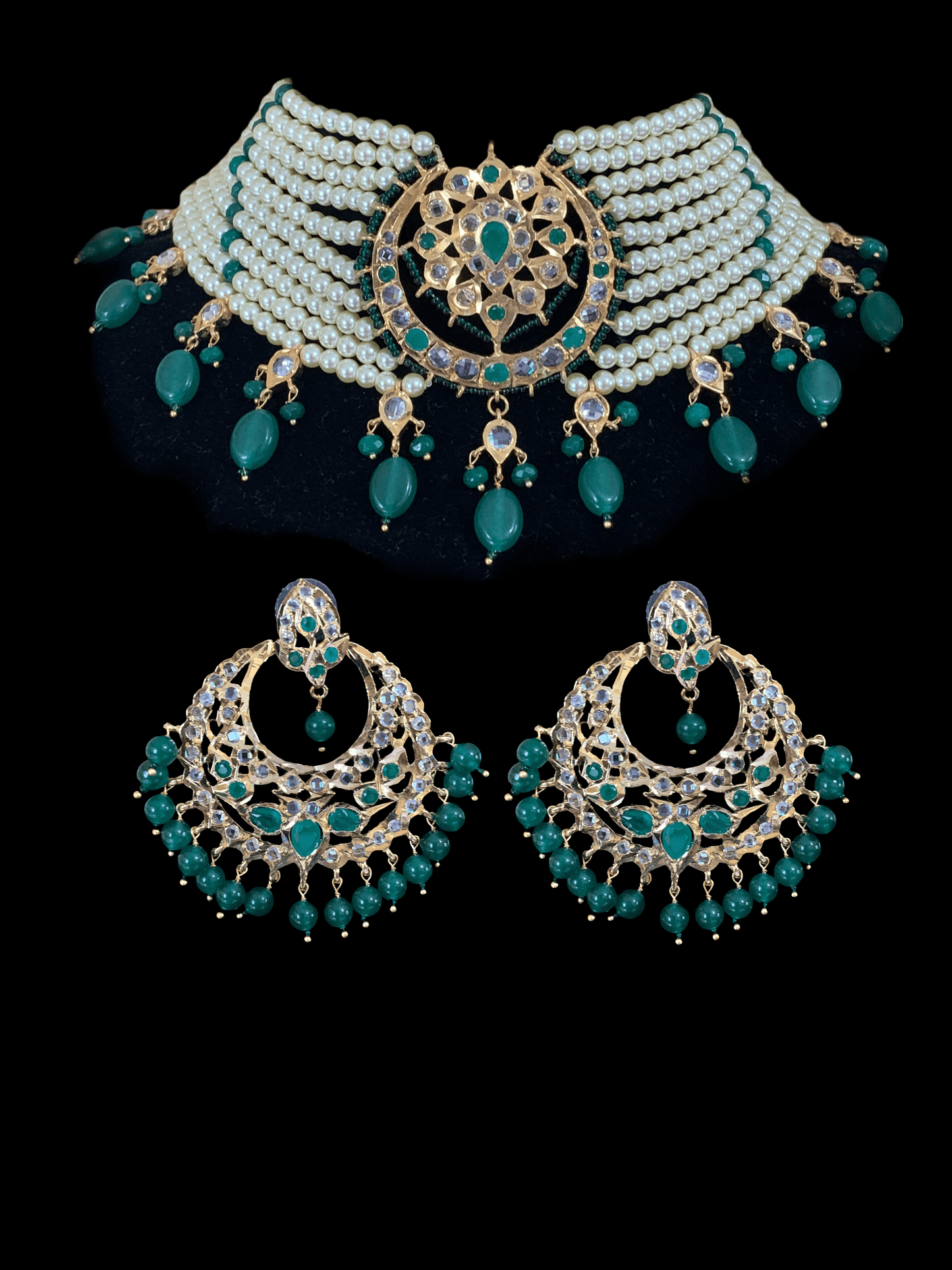 C103 Noor choker set in green with golden pearls (READY TO SHIP)